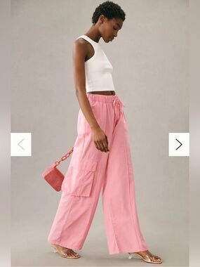 Anthropologie Drawstring Wide-Leg Cargo Parachute elastic waist Pants Bubblegum